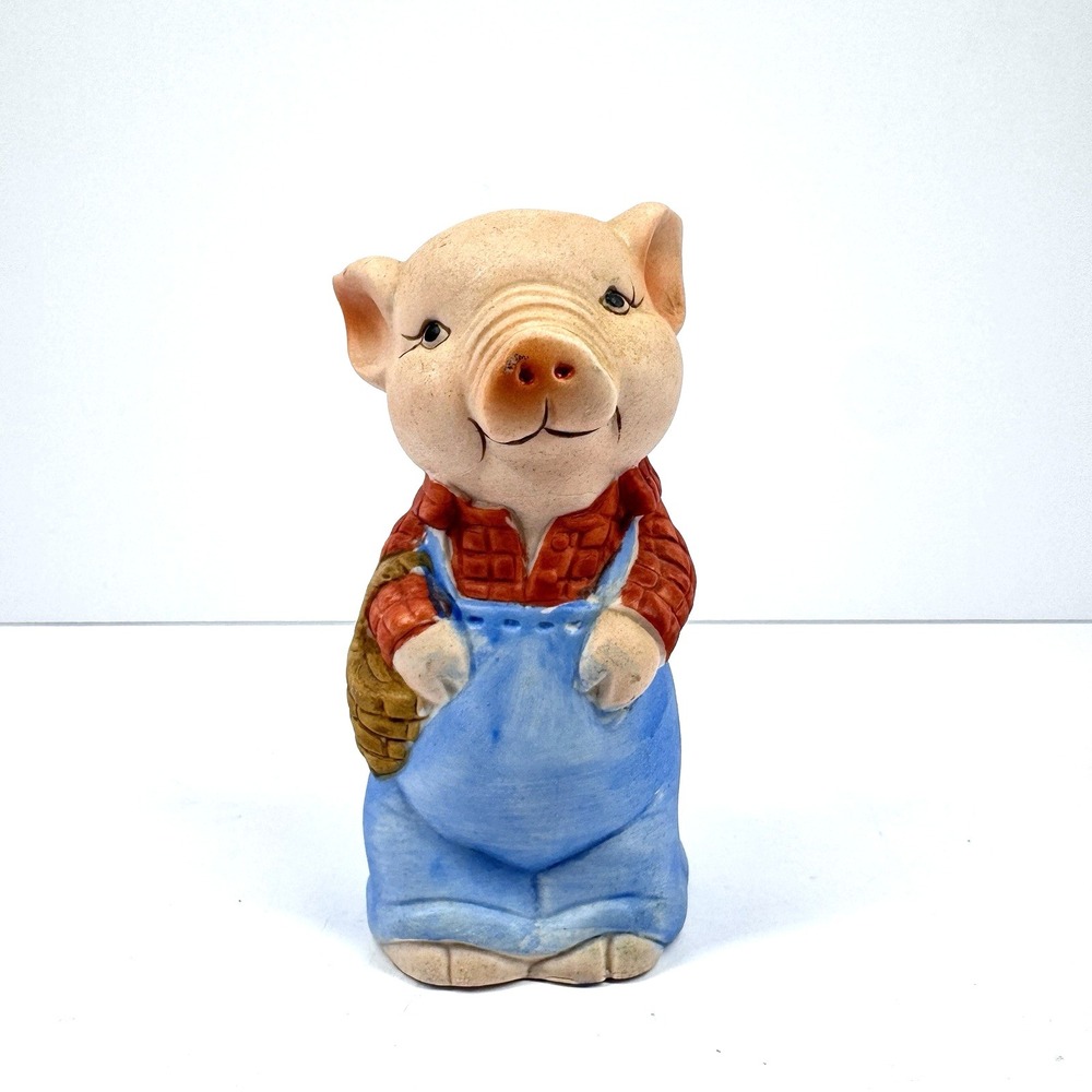 Vintage Jasco Pig Bell Figurine Blue Overalls Farm Country‎ Ceramic